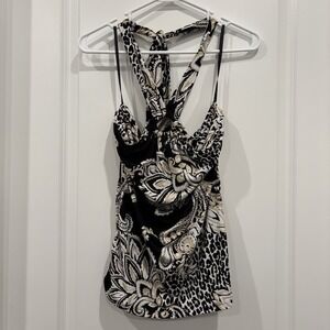 CACHE Halter Neck Tie Top Medium Y2K Paisley Leopard Print Top Stretch